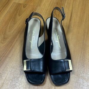 Salvatore Ferragamo Women’s Black and Gold Peep-Toe Heels